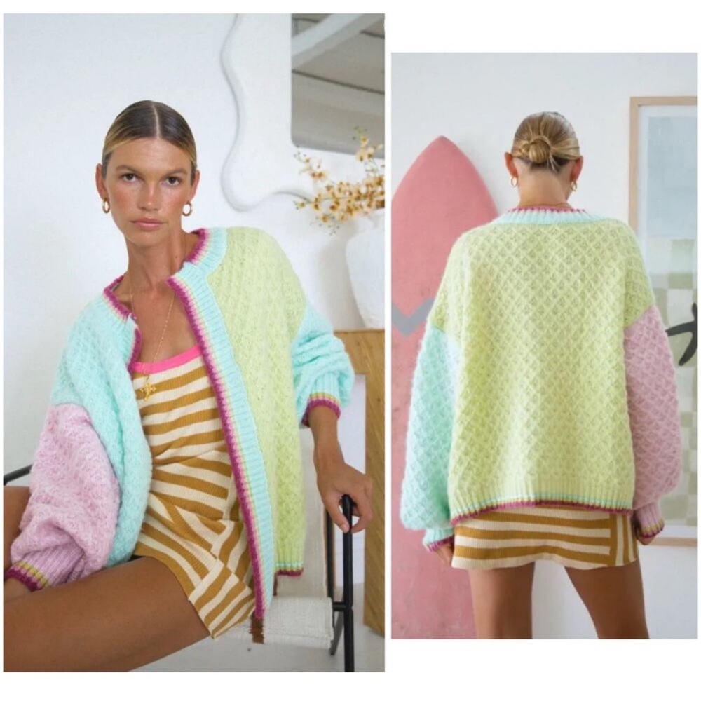 VRG GRL Pastel City of Money Patchwork Wool Blend Knit Open-Front Cardigan NWT